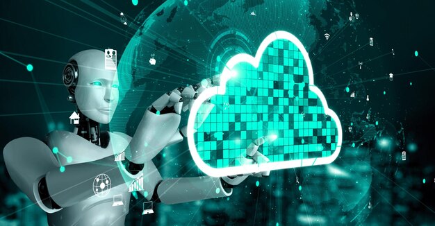 AI robot huminoid utiliza tecnología de computación en la nube para almacenar datos en un servidor en línea