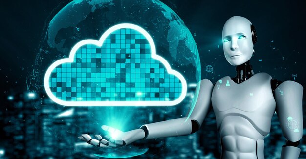 AI robot huminoid utiliza tecnología de computación en la nube para almacenar datos en un servidor en línea