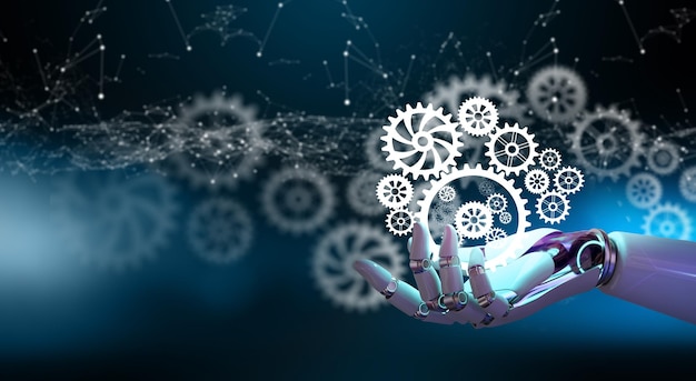 Ai Robot mano sosteniendo ruedas dentadas Idea de negocio con inteligencia artificial Trabajo en equipo Planificación Estrategia Cooperación Análisis solución