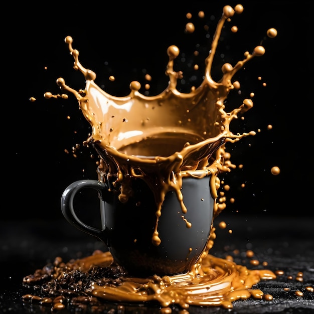 Foto ai de las salpicaduras y salpicaduras de una sola taza con café sobre un fondo negro