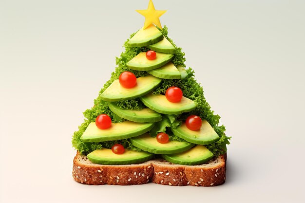 AI Sandwich-Toast in Form eines Weihnachtsbaums aus Avocado-Schnitten, Tomaten und Dill auf weißem Hintergrund Tischdekoration für Weihnachten