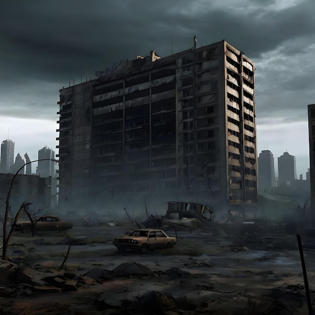 AI de las secuelas inquietantes del apocalipsis con paisajes estériles y ciudades abandonadas