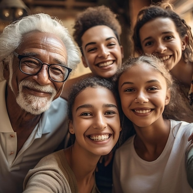 Ai selfie y retrato digital de la familia en casa con aplicación futurista de diseño de arte y filtro de fotos 3d