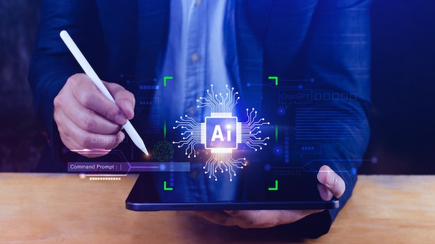 Ai tech Empresario que usa gráficos virtuales Conexión global a Internet Chatgpt Chat con Inteligencia artificial AI usando el símbolo del sistema para genera algo Transformación tecnológica futurista