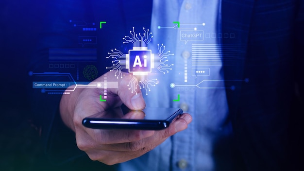 Ai tech Empresario que usa gráficos virtuales Conexión global a Internet Chatgpt Chat con Inteligencia artificial AI usando el símbolo del sistema para genera algo Transformación tecnológica futurista