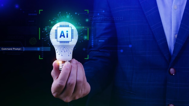 Ai tech Empresario que usa gráficos virtuales Conexión global a Internet Chatgpt Chat con Inteligencia artificial AI usando el símbolo del sistema para genera algo Transformación tecnológica futurista