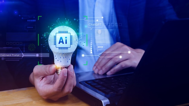 Ai tech Empresario que usa gráficos virtuales Conexión global a Internet Chatgpt Chat con Inteligencia artificial AI usando el símbolo del sistema para genera algo Transformación tecnológica futurista