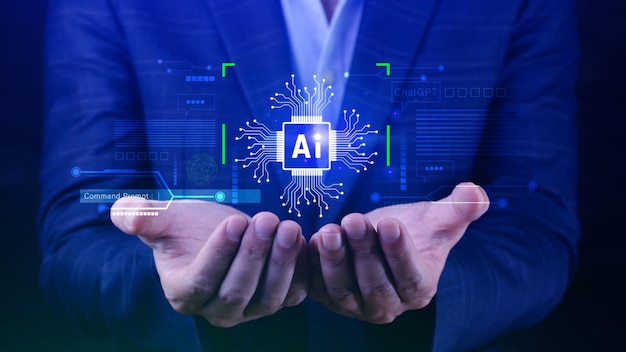 Ai tech Empresario que usa gráficos virtuales Conexión global a Internet Chatgpt Chat con Inteligencia artificial AI usando el símbolo del sistema para genera algo Transformación tecnológica futurista