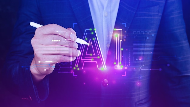 Ai tech Empresario que usa gráficos virtuales Conexión global a Internet Chatgpt Chat con Inteligencia artificial AI usando el símbolo del sistema para genera algo Transformación tecnológica futurista