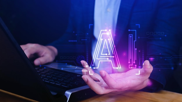 Ai tech Empresario que usa gráficos virtuales Conexión global a Internet Chatgpt Chat con Inteligencia artificial AI usando el símbolo del sistema para genera algo Transformación tecnológica futurista