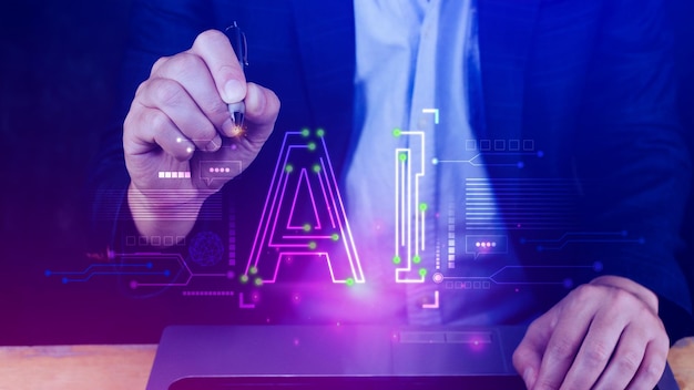 Ai tech Empresario que usa gráficos virtuales Conexión global a Internet Chatgpt Chat con Inteligencia artificial AI usando el símbolo del sistema para genera algo Transformación tecnológica futurista