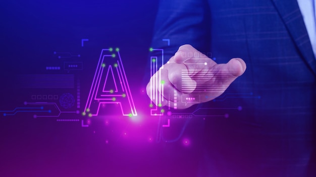 Ai tech Empresario que usa gráficos virtuales Conexión global a Internet Chatgpt Chat con Inteligencia artificial AI usando el símbolo del sistema para genera algo Transformación tecnológica futurista