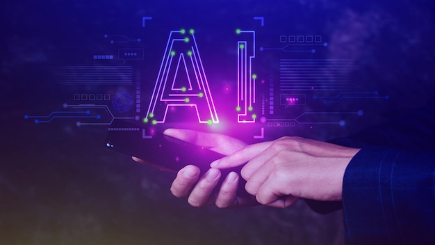 Ai tech Empresario que utiliza gráficos virtuales Internet global conectarse Chatgpt Chatear con IA Inteligencia artificial usando el mensaje de comandos para genera algo Transformación tecnológica futurista