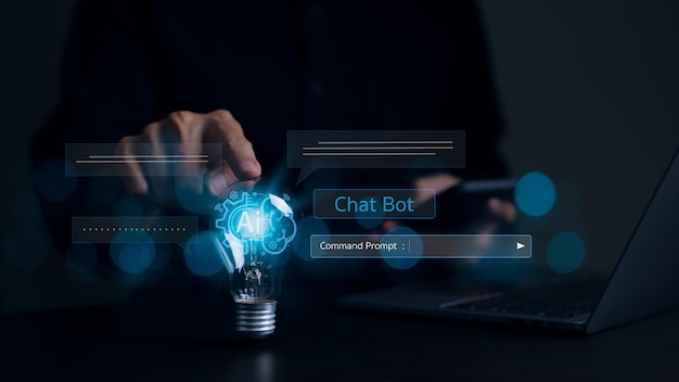 Ai tech Hombre de negocios que usa teléfonos inteligentes y toca una bombilla Chat con IA Inteligencia artificial que utiliza el mensaje de comando para genera algo Futurista tecnología de transformación respuesta quiere