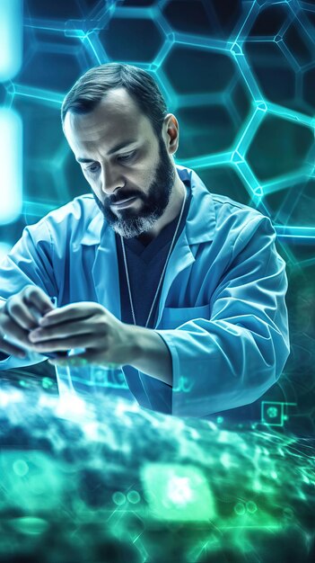 Foto ai tech labs light há um homem com um casaco de laboratório segurando um telefone celular