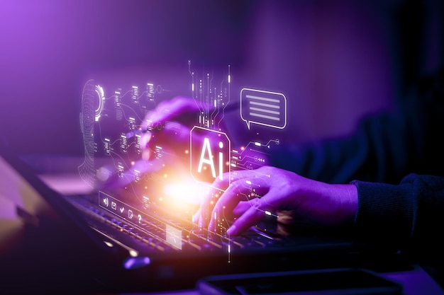AI tech Persona de negocios hablando con una IA inteligente usando un chatbot de inteligencia artificial desarrollado por OpenAI Inteligencia artificial Transformación tecnológica futurista Buscando educación