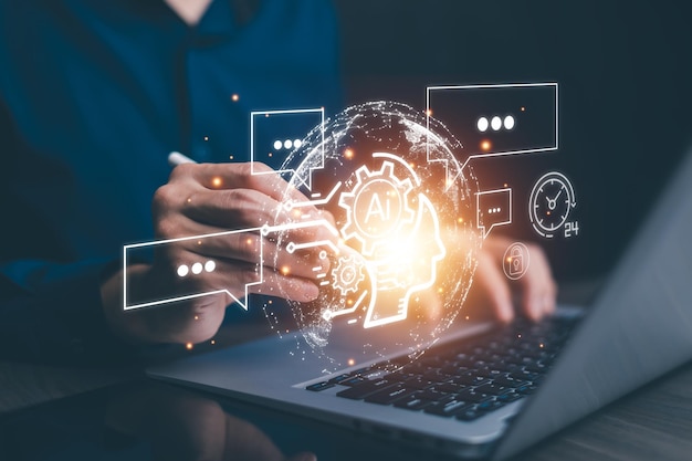 AI tech Persona de negocios hablando con una IA inteligente usando un chatbot de inteligencia artificial desarrollado por OpenAI Inteligencia artificial Transformación tecnológica futurista Buscando educación