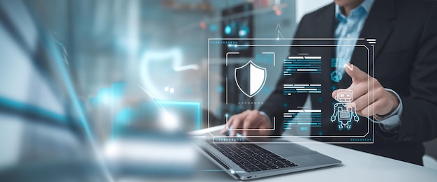 AI Tecnología Empresario utiliza la inteligencia artificial de la computadora portátil en el proceso de análisis predictivo