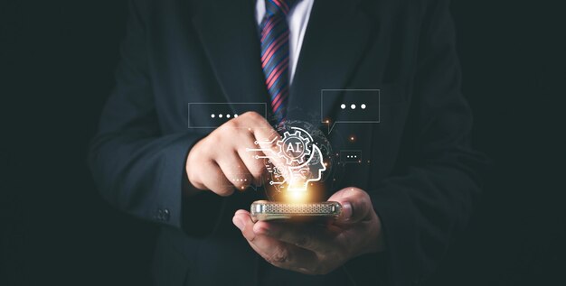 AI tecnología Inteligencia artificial hombre usando tecnología robot inteligente IA inteligencia artificial mediante la entrada de comando para genera algo transformación tecnológica futurista Charla con AI