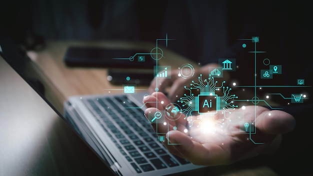 AI tecnología Inteligencia artificial hombre usando tecnología robot inteligente IA inteligencia artificial mediante la entrada de comando para genera algo transformación tecnológica futurista Charla con AI