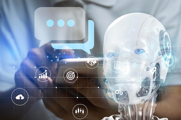 AI tecnología Inteligencia artificial hombre usando tecnología robot inteligente IA inteligencia artificial mediante la entrada de comando para genera algo transformación tecnológica futurista Charla con IA