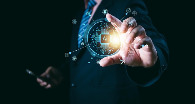 AI tecnología Inteligencia artificial hombre usando tecnología robot inteligente mediante la introducción de instrucciones de comando
