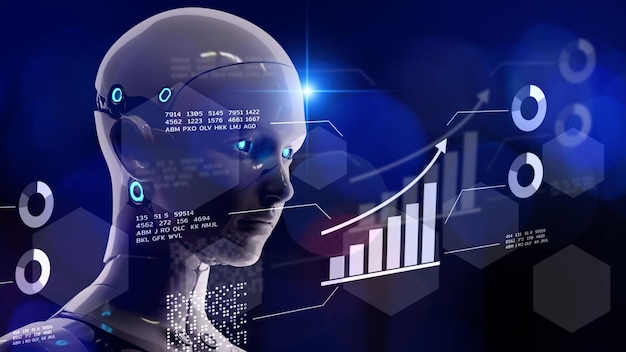 AI trading EA Expert advisors machine learning analisam dados de negócios Ilustração 3D Gráfico gráfico de negociação de robôs Investimento financeiro de negócios forex e tecnologia digital de bolsa de valores