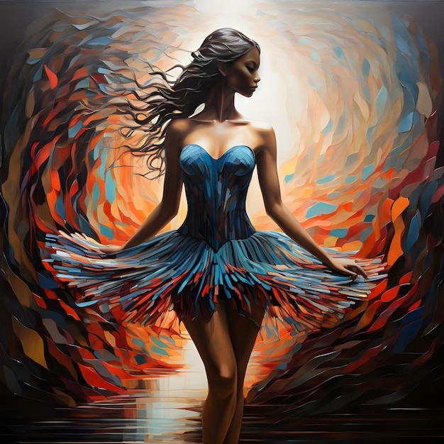 AI vibrante iluminado em uma silhueta de código binário colorido balerina de vidro dançando na cachoeira