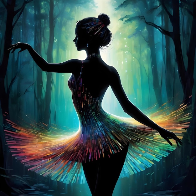 AI vibrante iluminado em uma silhueta de código binário colorido balerina de vidro dançando na cachoeira