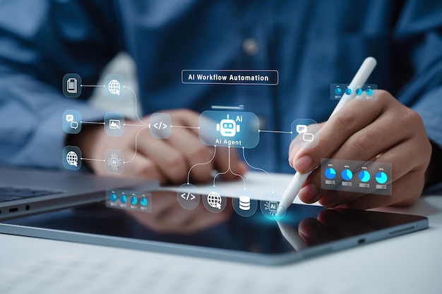 AI workflow automation concept artificial intelligence software Businessman uses AI Agent with Coding flow process technology interface nodes triggers data tools