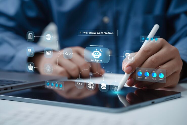 AI workflow automation concept artificial intelligence software Businessman uses AI Agent with Coding flow process technology interface nodes triggers data tools
