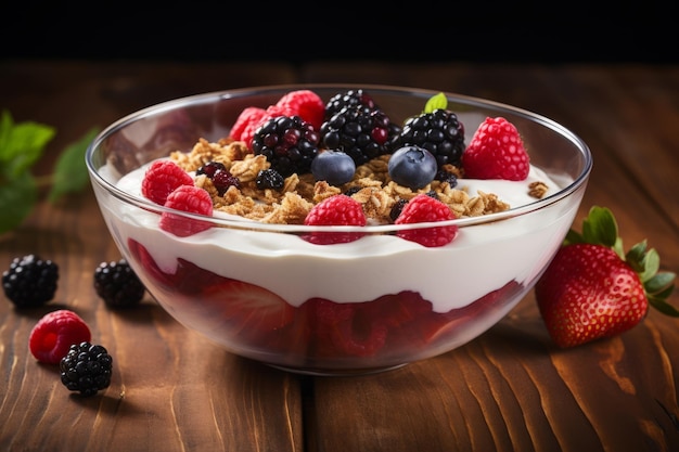 AIGenerated Delight genießt eine erfrischende 32 Bio-Beeren-Joghurt und Granola-Schüssel