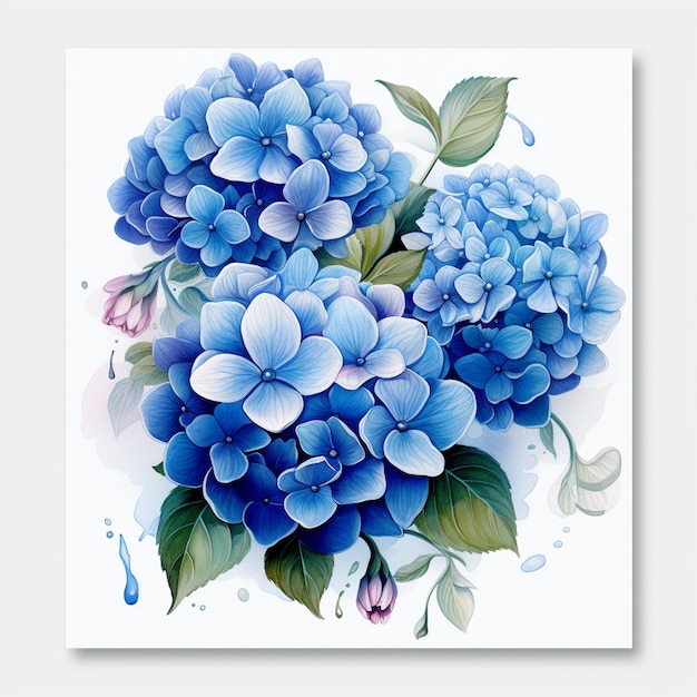 Aiju acuarela flores y hortensias azules sobre un fondo blanco.