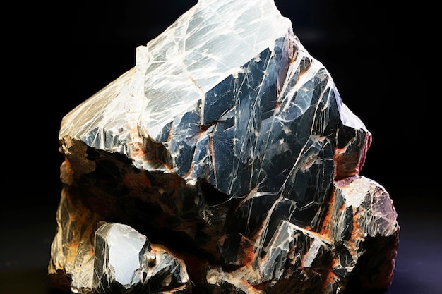 La aikinita es una rara piedra natural preciosa en un fondo negro generada por la IA Maqueta de bandera de encabezado con espacio