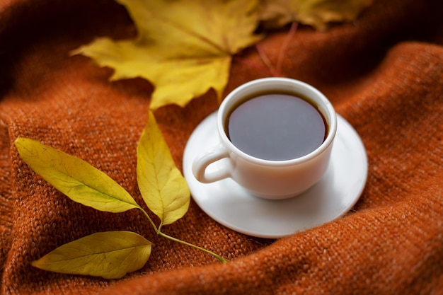 Ainda vida com café preto em uma xícara branca que fica em um suéter aconchegante e aconchegante, decorações com folhas amarelas no fundo