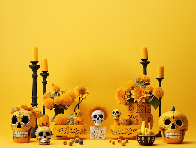 Ainda vida de Halloween com abóboras de caveira e velas em fundo amarelo 3d