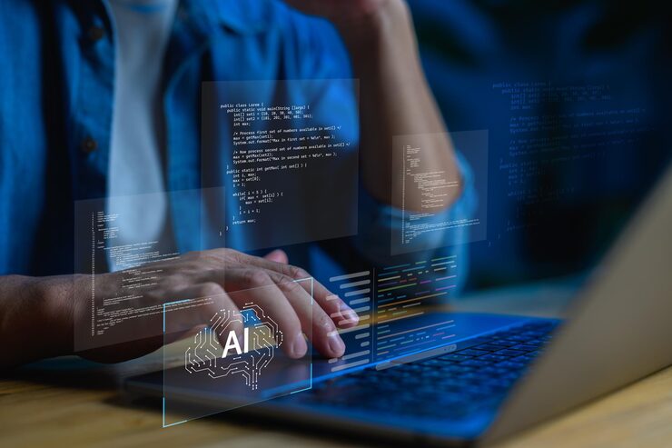 Foto aipowered web development and programming a software developer coding with artificial intelligence support ideal for content about machine learning aiassisted coding nextgen tech solutions