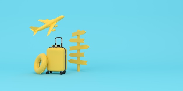 Air Travel ConceptYellow Suitcase Signpost Float und Flugzeug auf blauem Hintergrund Reiseziel
