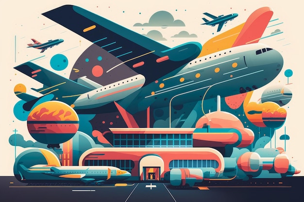 Air Travel Hub ilustração colorida de um vibrante terminal de aeroporto com aviões tomando