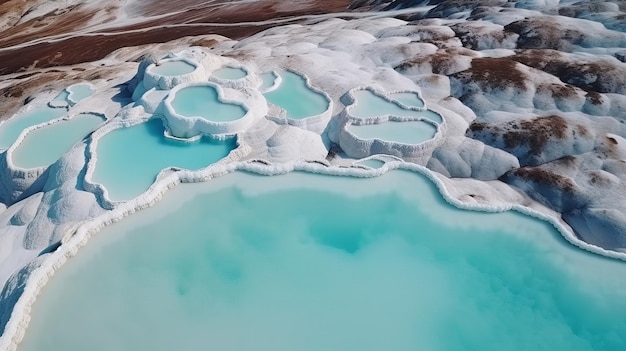 Airborne beat ver Pamukkale Turquía piscinas de travertino patios naturales con agua azul Recurso creativo Generado por IA