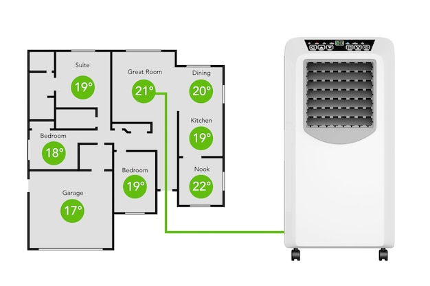 Aire acondicionado de habitación móvil portátil como sistema de control de clima con Home Plane sobre un fondo blanco. Representación 3D.