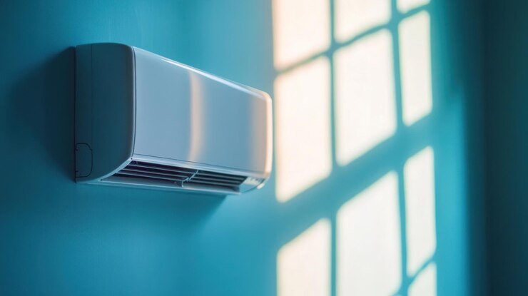 El aire acondicionado en una pared azul