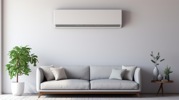 Aire acondicionado en la pared blanca en una habitación moderna con un sofá gris elegante