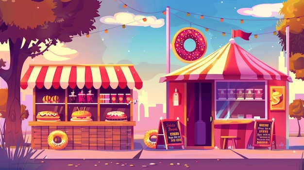 El aire es espeso con el olor de rosquillas frescas dulces y caramelo y el olor a bebidas Este conjunto de ilustraciones modernas de dibujos animados muestra un puesto de festival al aire libre que muestra comida rápida y