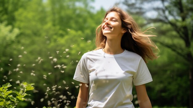 Aire limpio del bosque mujer feliz concepto de alergia de primavera o verano