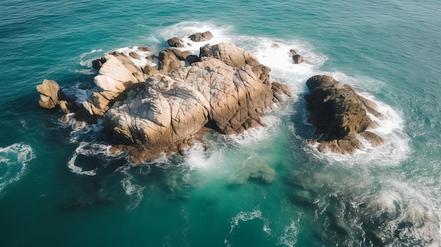En el aire, ve una roca colosal dentro de las partes del océano. Olas blancas y espumosas lavan la piedra por todos lados. Costa Sheersetting Generado por IA