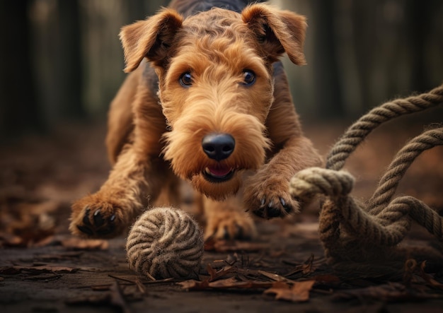 Un Airedale Terrier con un juguete en la boca listo para un juego de tira y afloja