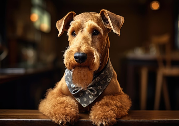 Un Airedale Terrier con un pañuelo y sentado pacientemente para darse un capricho