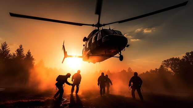 AirForce präsentiert Rettungsdemonstrationen während der bulgarischen Flugshow. Rettungsschwimmer im Hubschrauber mit Trage bereit zum Abstieg. Silhouettenkonzept