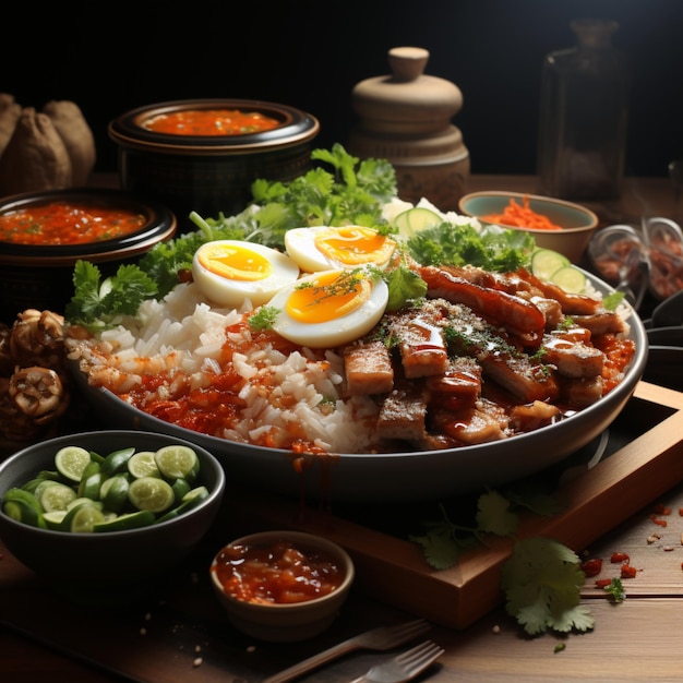 AIRgerendertes Bild einer Schüssel mit weißem Reis mit geschmortem Fleisch und Ei in brauner Soße auf einem Tisch